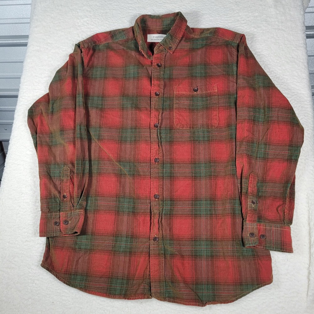 r-options Plaid Corduroy Shirt Mens XL Red Green Long Sleeve Button Down Pocket